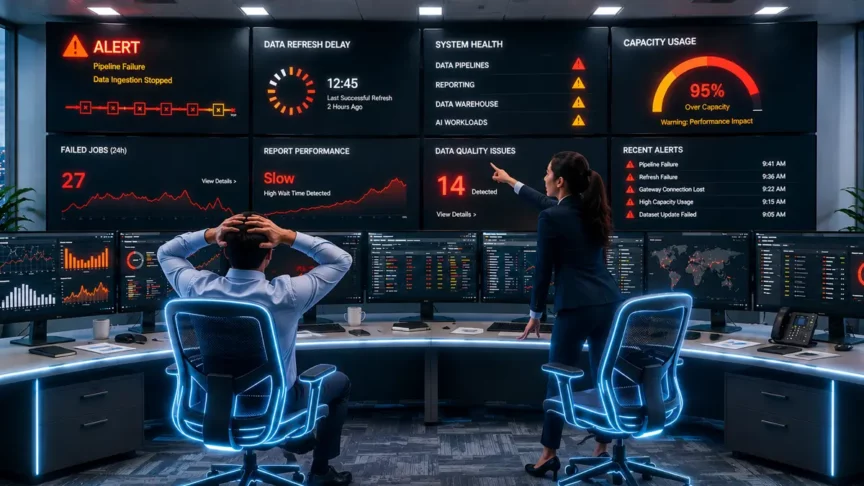 Large data operations dashboard displaying critical system alerts, including pipeline failure, stopped data ingestion, delayed refresh times, and high capacity usage.
