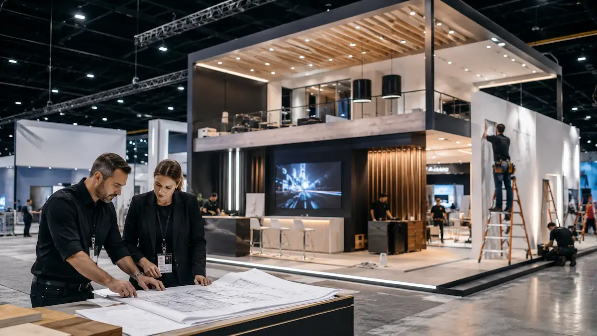 Two people review architectural plans at a trade show booth under construction, with workers setting up displays and branding for The Trade Group in the background.
