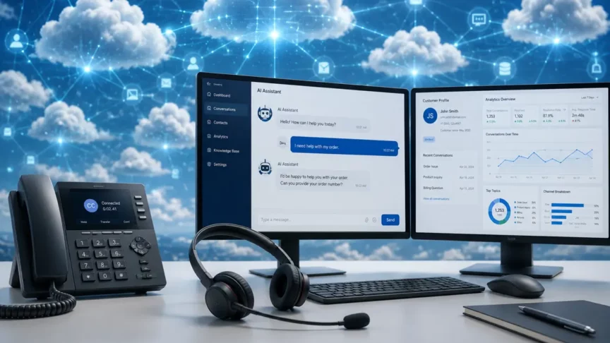 Modern digital illustration of a cloud-based contact center concept with icons for communication, analytics, and customer support, highlighting Contact Center as a Service (CCaaS).