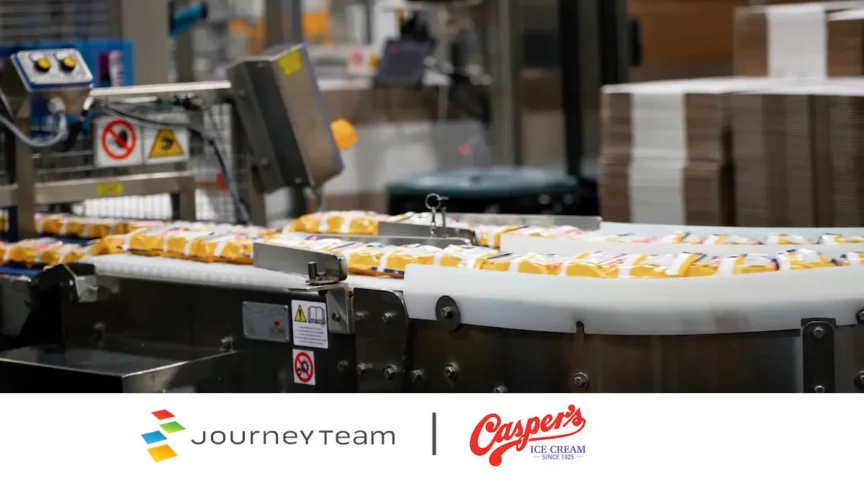 Casper's Ice Cream production line with packaged products moving through automated manufacturing equipment, featuring the JourneyTeam and Casper's Ice Cream partnership on Microsoft NAV migration