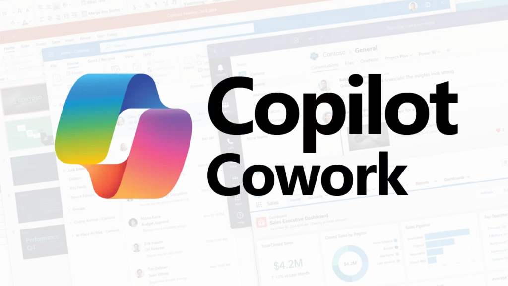 Promotional graphic featuring the Microsoft Copilot logo centered over screenshots of Microsoft 365 applications, including Outlook email, Teams collaboration, PowerPoint presentations, and Power BI dashboards, highlighting integrated AI assistance across business workflows.