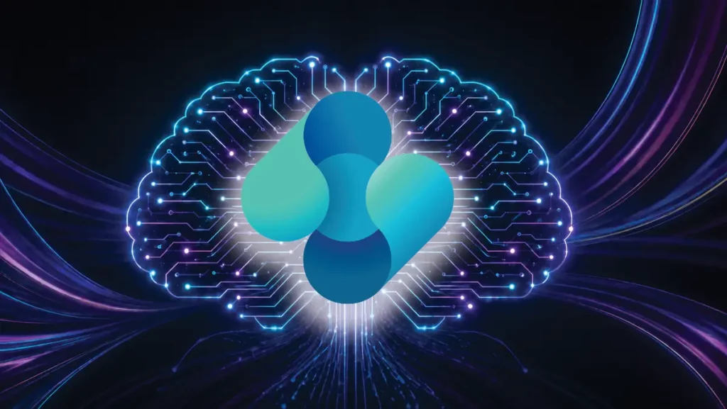 Stylized digital illustration of an AI-powered cloud with glowing circuit pathways forming a brain-like shape around a central blue and teal abstract icon, set against a dark background with flowing neon blue and purple light trails representing data and intelligent automation.