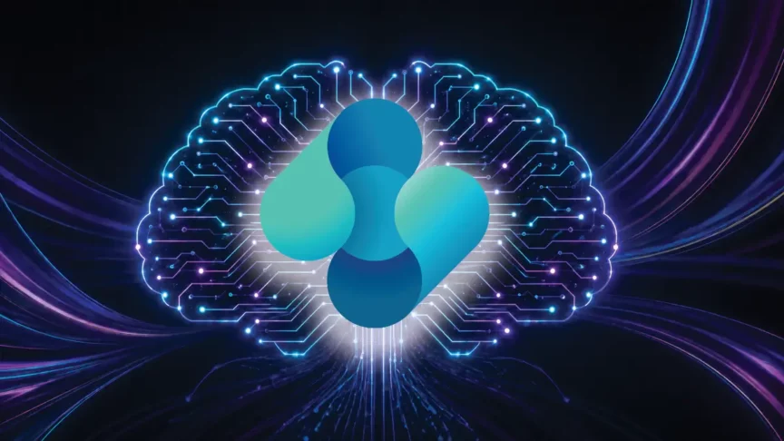 Stylized digital illustration of an AI-powered cloud with glowing circuit pathways forming a brain-like shape around a central blue and teal abstract icon, set against a dark background with flowing neon blue and purple light trails representing data and intelligent automation.