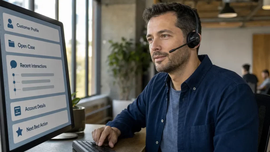 Customer service agent wearing a headset uses a CRM interface showing customer profiles, open cases, recent interactions, account details, and recommended next actions.