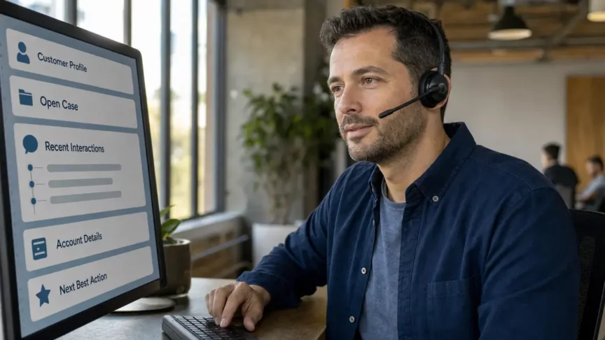 Customer service agent wearing a headset uses a CRM interface showing customer profiles, open cases, recent interactions, account details, and recommended next actions.
