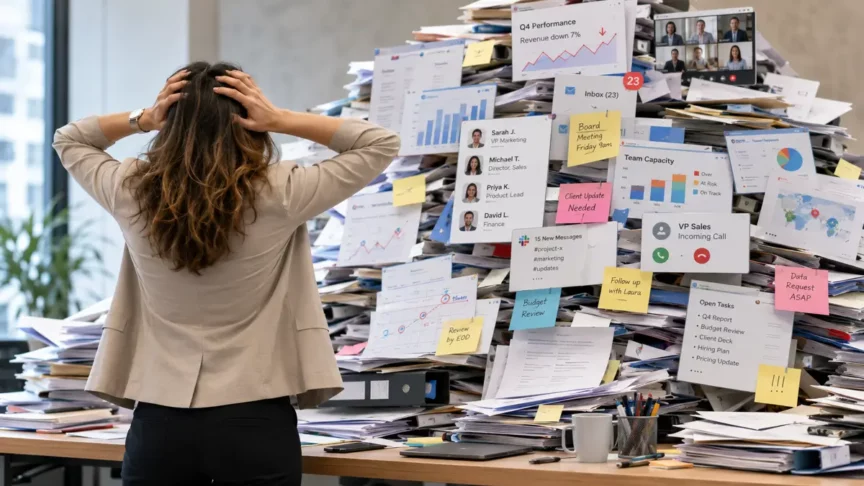 Overwhelmed business professional faces a towering pile of paperwork, reports, messages, meetings, calls, and performance dashboards representing information overload.