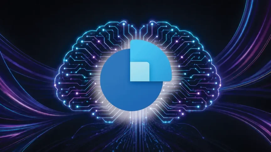 AI-powered Microsoft Dynamics 365 Sales Agents icon within a glowing digital brain made of interconnected circuitry.