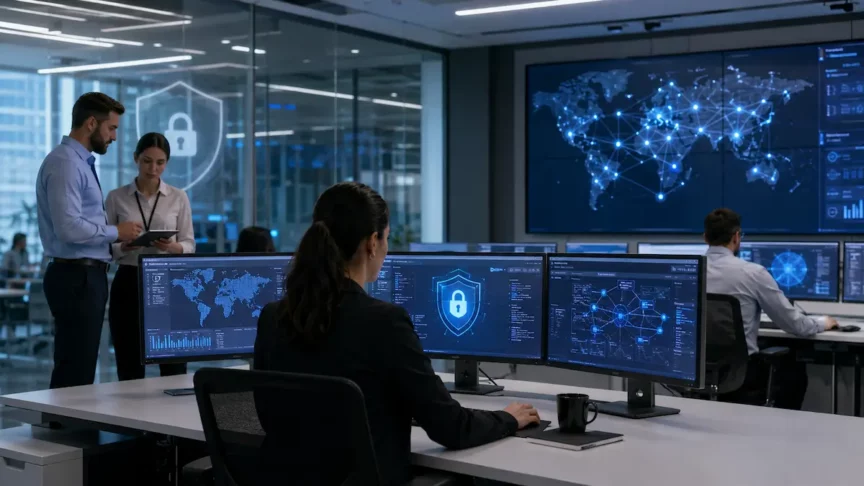 Cybersecurity professionals monitor network activity and security dashboards in a modern operations center, collaborating to identify threats and prevent data breaches.