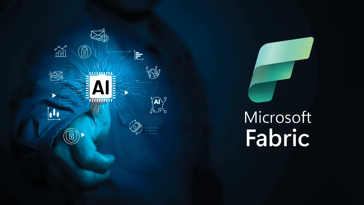 Microsoft Fabric logo next to an AI-powered digital interface with analytics, security, and automation icons, illustrating unified data management, business intelligence, and artificial intelligence capabilities.