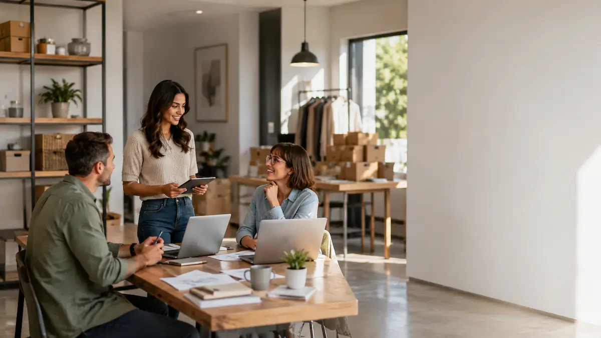 Small business employees collaborating with laptops and a tablet while transitioning from QuickBooks accounting software to Business Central ERP.