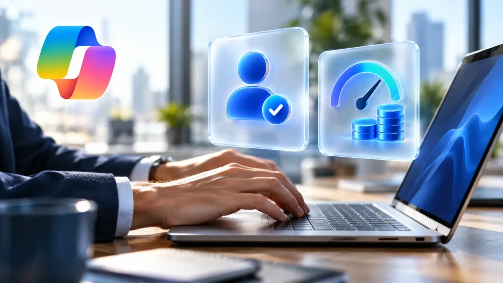 Person typing on a laptop beside the colorful Microsoft Copilot logo, with floating icons representing user verification, performance, and data or usage metrics.